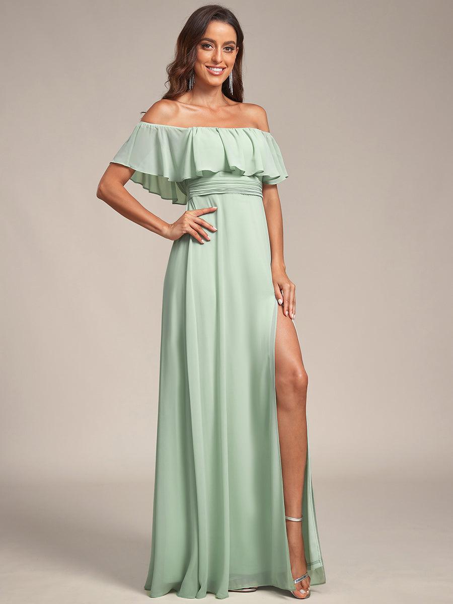 ever ÉMILE|Off the Shoulder Ruffle Bodice Long Flowy Chiffon Bridesmaid Dress