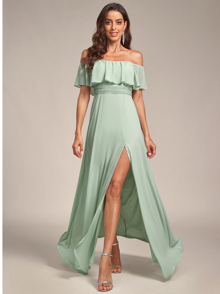 ever ÉMILE|Off the Shoulder Ruffle Bodice Long Flowy Chiffon Bridesmaid Dress