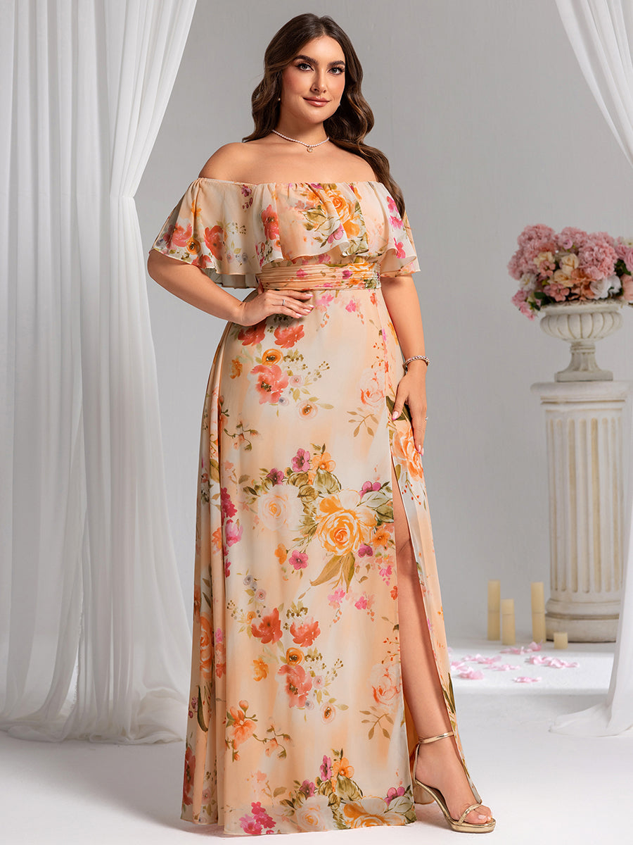 ever ÉMILE|Plus Size Off the Shoulder Formal Bridesmaid Dress with Thigh Split