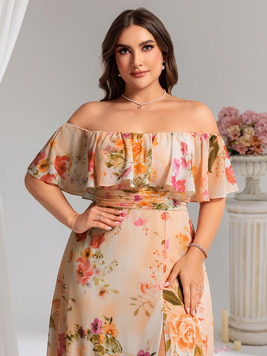 ever ÉMILE|Plus Size Off the Shoulder Formal Bridesmaid Dress with Thigh Split