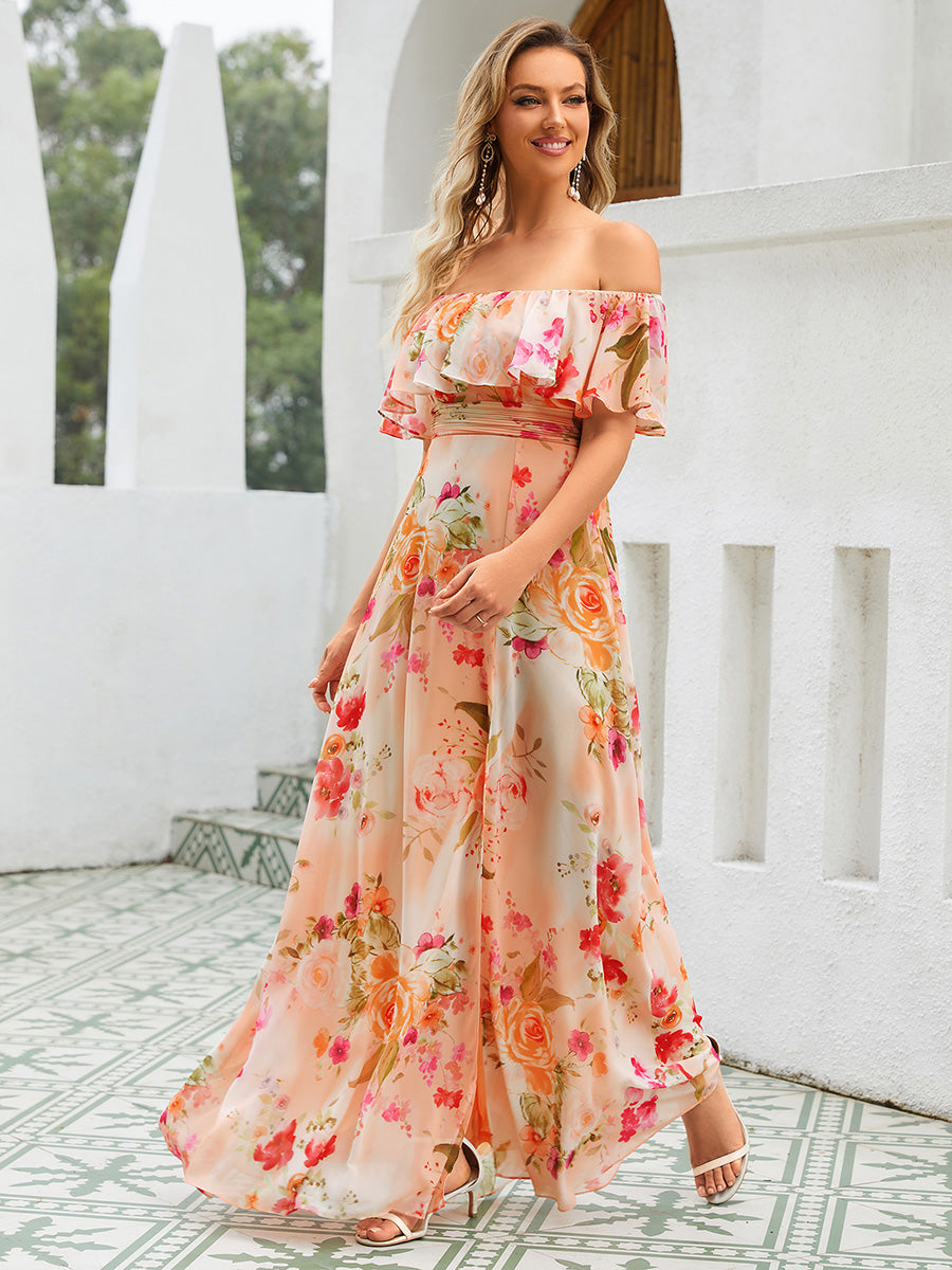 ever ÉMILE|Off the Shoulder Ruffle Bodice Long Flowy Chiffon Bridesmaid Dress