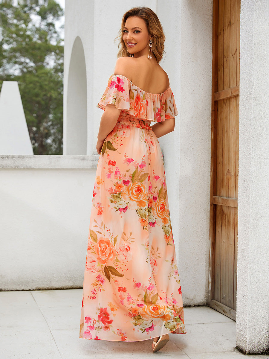 ever ÉMILE|Off the Shoulder Ruffle Bodice Long Flowy Chiffon Bridesmaid Dress