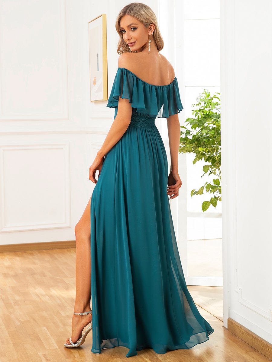 ever ÉMILE|Off the Shoulder Ruffle Bodice Long Flowy Chiffon Bridesmaid Dress
