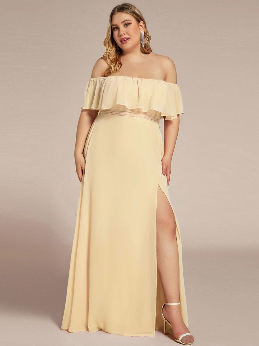 ever ÉMILE|Off the Shoulder Ruffle Bodice Long Flowy Chiffon Bridesmaid Dress