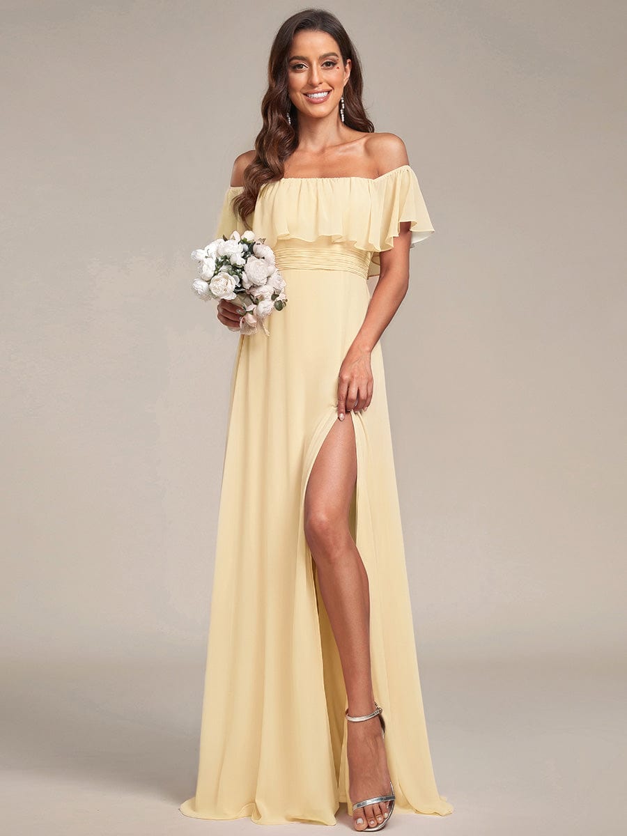 ever ÉMILE|Off the Shoulder Ruffle Bodice Long Flowy Chiffon Bridesmaid Dress