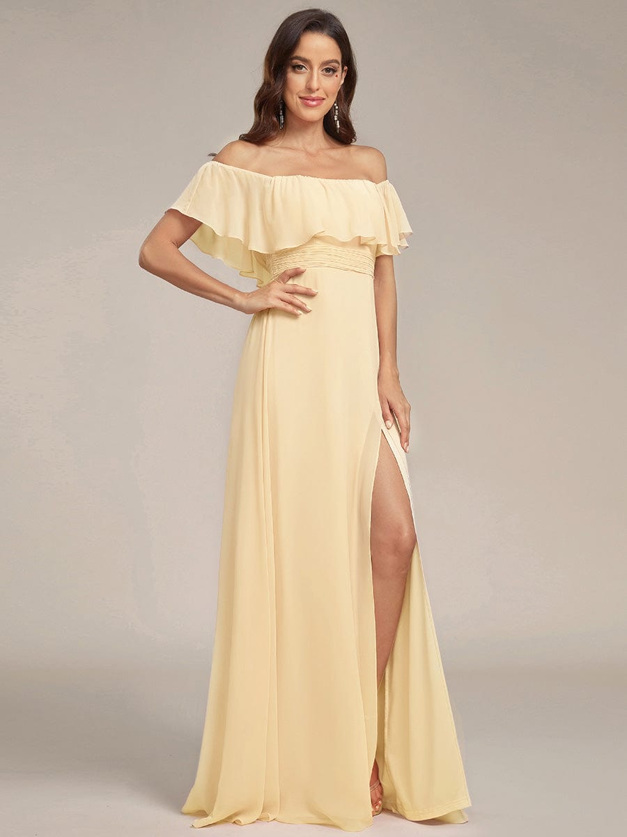 ever ÉMILE|Off the Shoulder Ruffle Bodice Long Flowy Chiffon Bridesmaid Dress