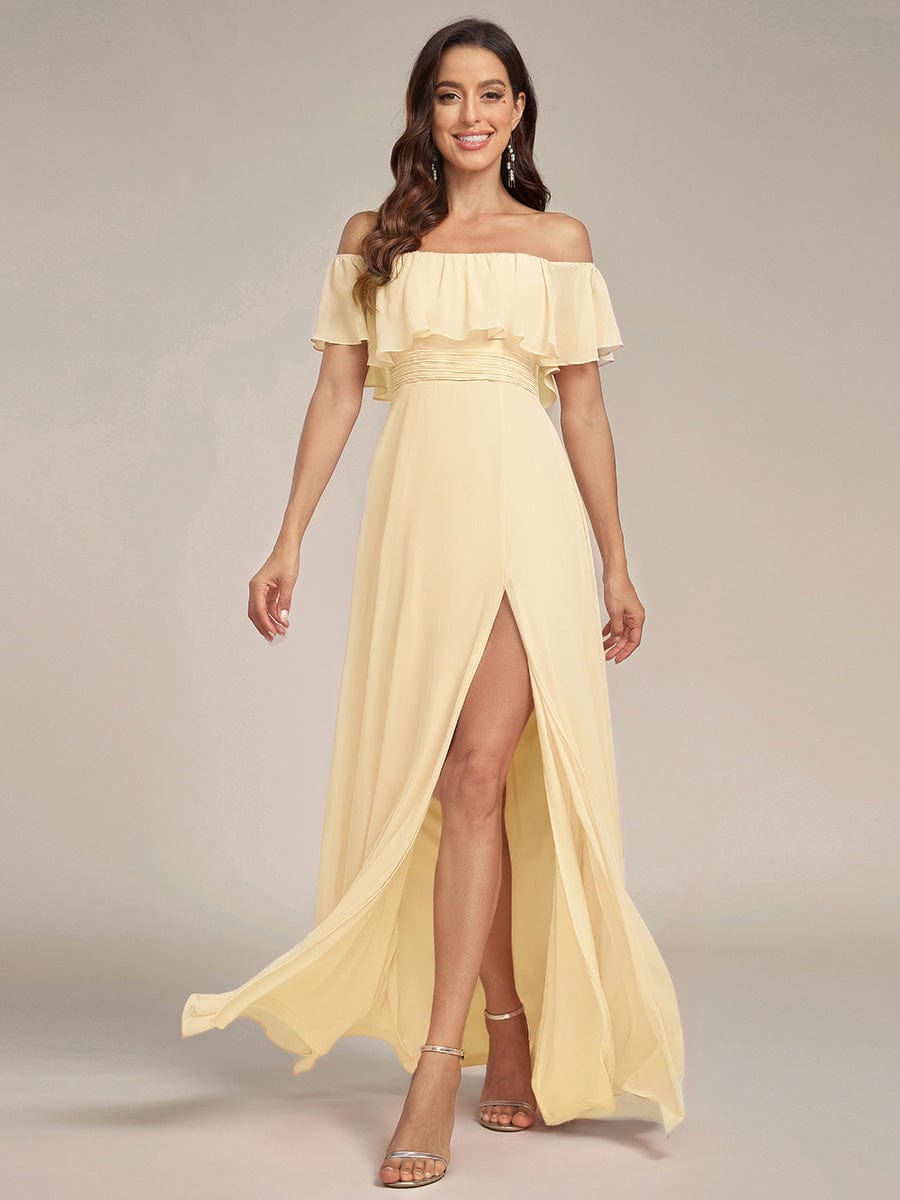 ever ÉMILE|Off the Shoulder Ruffle Bodice Long Flowy Chiffon Bridesmaid Dress