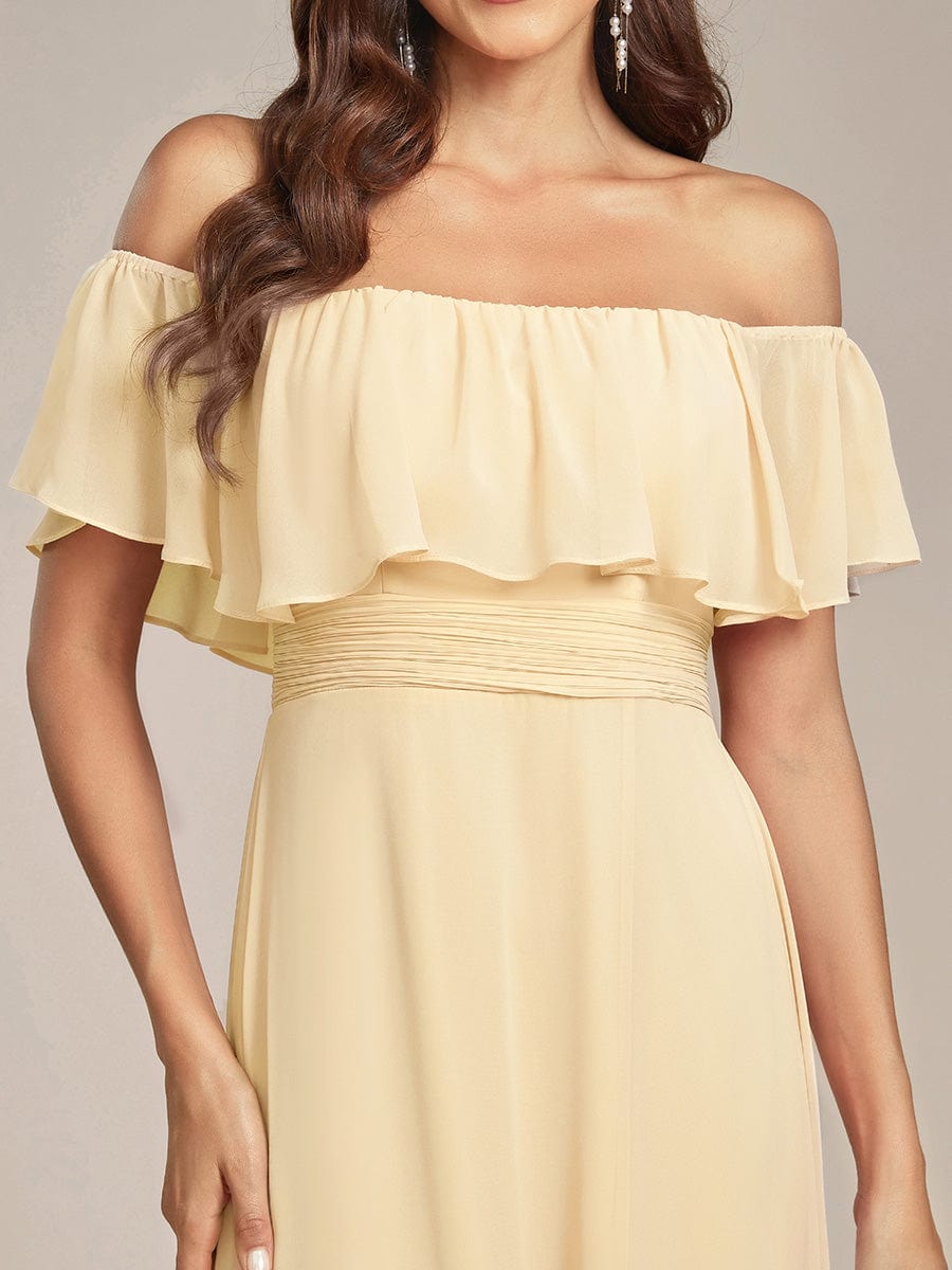 ever ÉMILE|Off the Shoulder Ruffle Bodice Long Flowy Chiffon Bridesmaid Dress