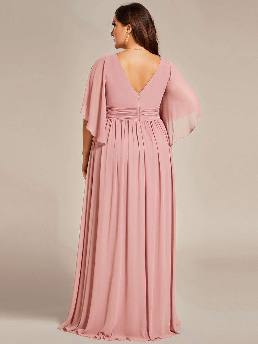 ever ELYAN|Half Sleeve V-Neck Pleated High Slit A-Line Chiffon Bridesmaid Dress