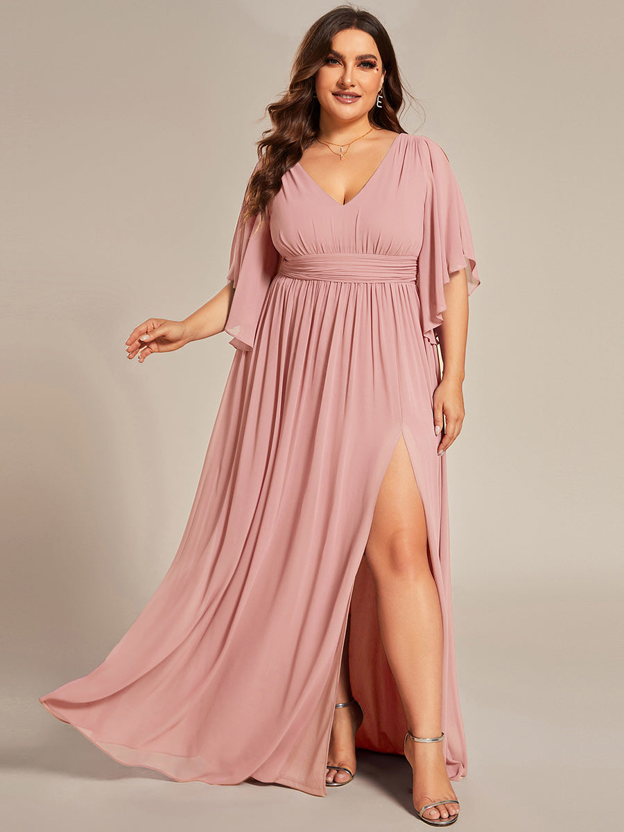 ever ELYAN|Half Sleeve V-Neck Pleated High Slit A-Line Chiffon Bridesmaid Dress