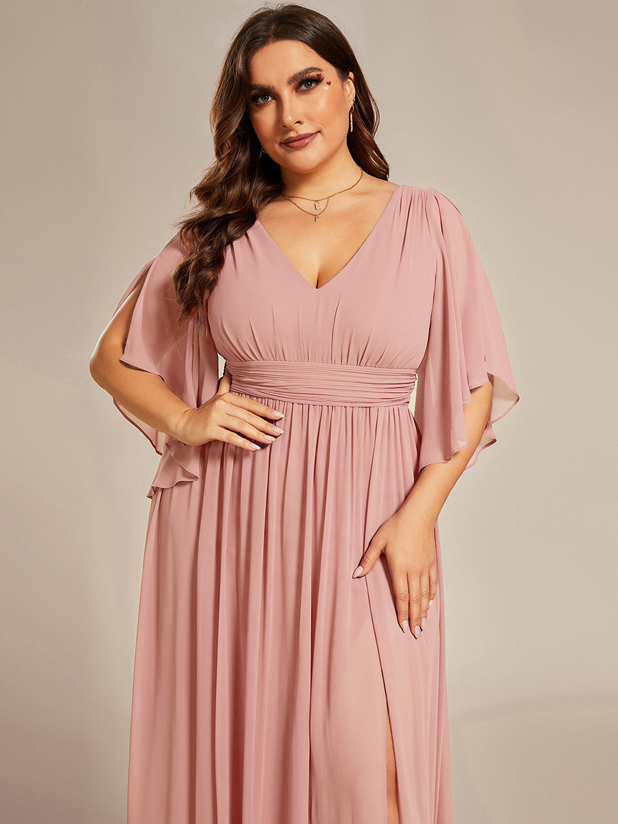 ever ELYAN|Half Sleeve V-Neck Pleated High Slit A-Line Chiffon Bridesmaid Dress