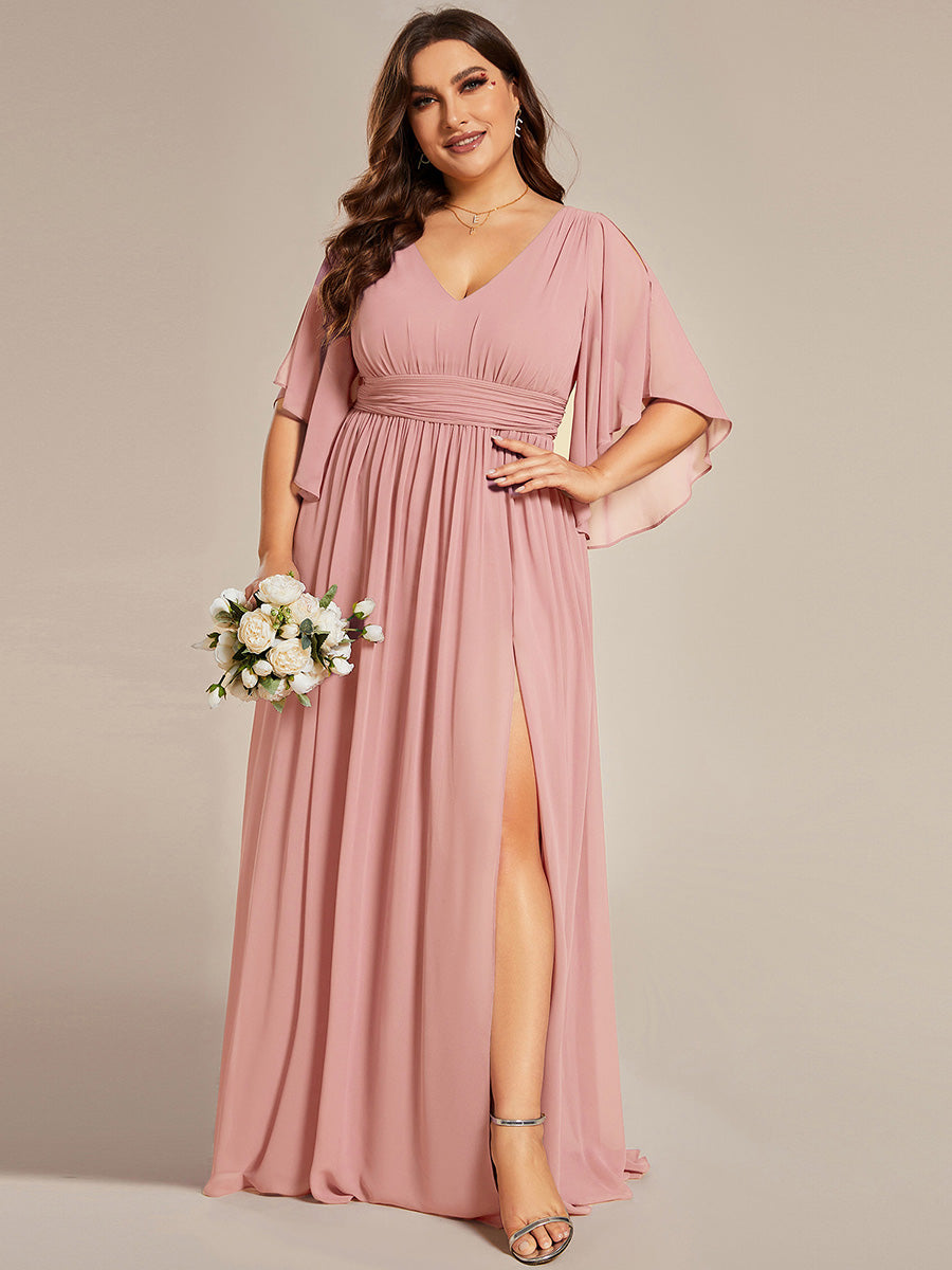 ever ELYAN|Half Sleeve V-Neck Pleated High Slit A-Line Chiffon Bridesmaid Dress