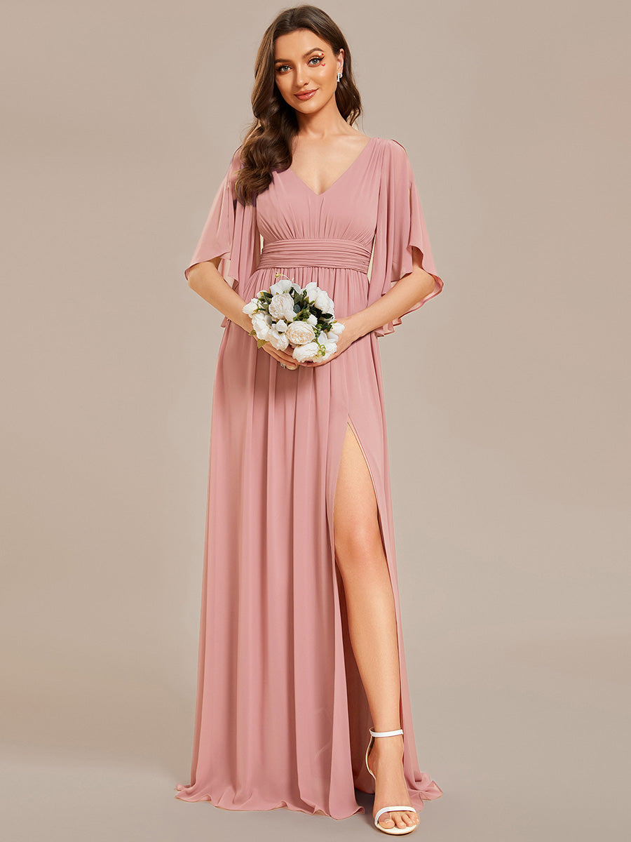 ever ELYAN|Half Sleeve V-Neck Pleated High Slit A-Line Chiffon Bridesmaid Dress