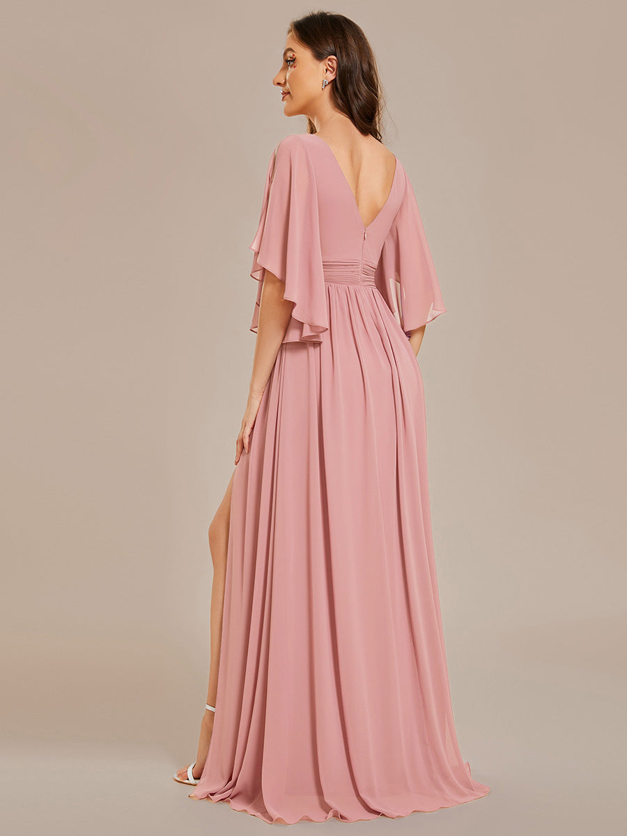 ever ELYAN|Half Sleeve V-Neck Pleated High Slit A-Line Chiffon Bridesmaid Dress
