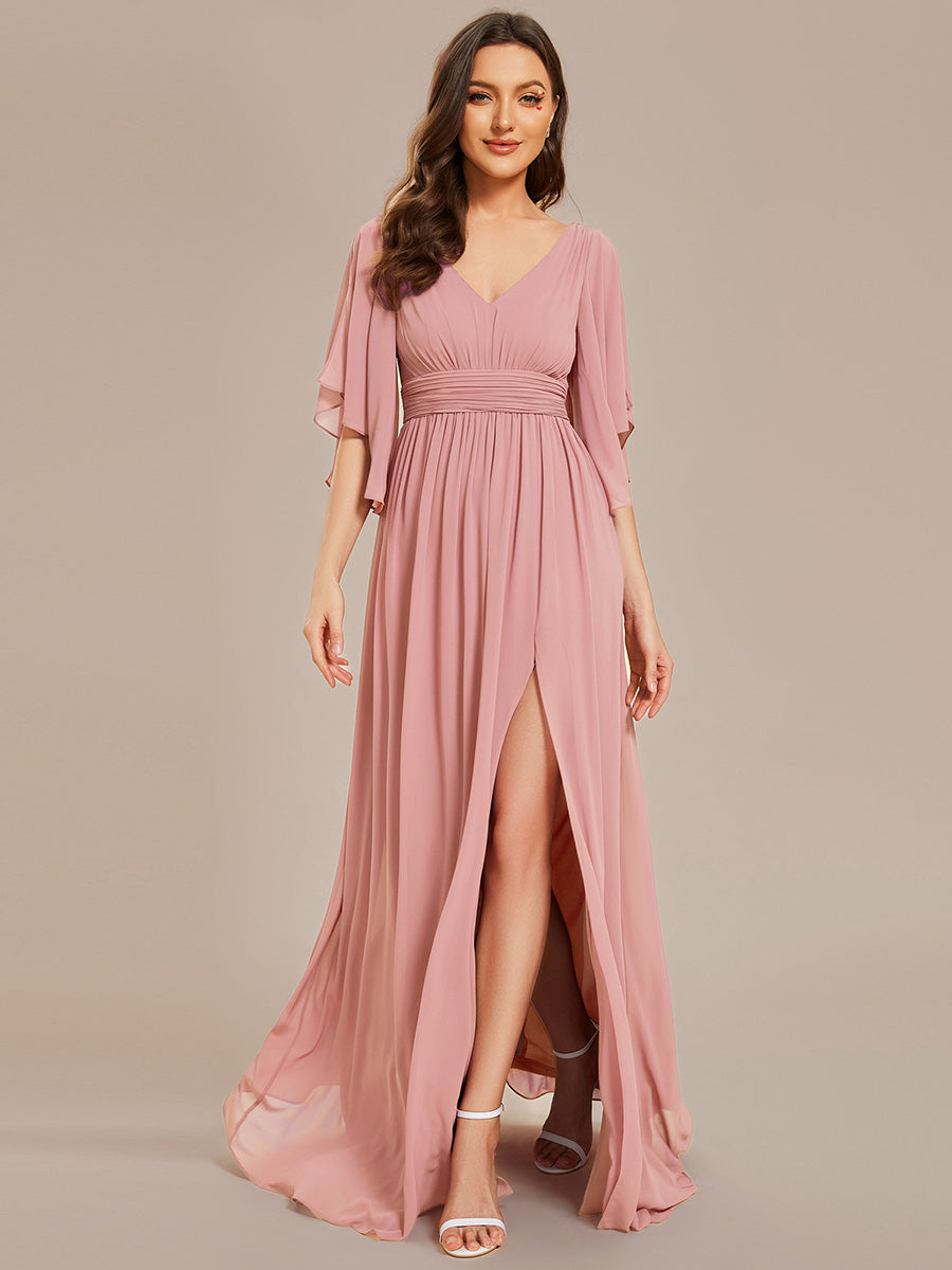 ever ELYAN|Half Sleeve V-Neck Pleated High Slit A-Line Chiffon Bridesmaid Dress