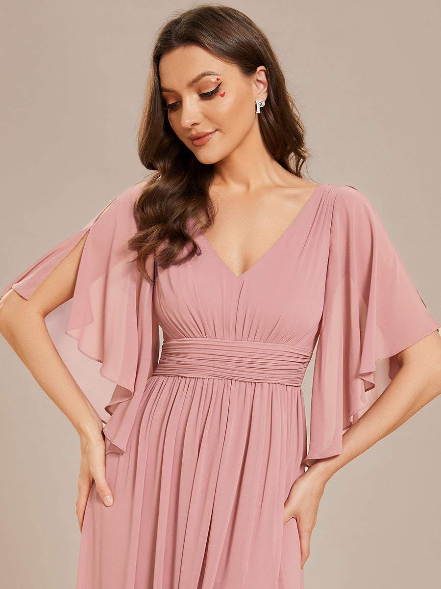 ever ELYAN|Half Sleeve V-Neck Pleated High Slit A-Line Chiffon Bridesmaid Dress