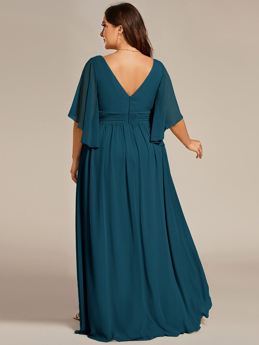 ever ELYAN|Half Sleeve V-Neck Pleated High Slit A-Line Chiffon Bridesmaid Dress