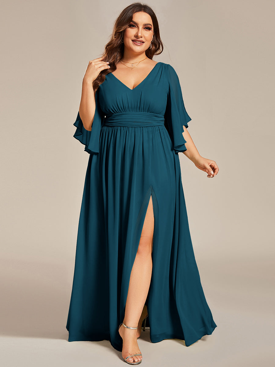 ever ELYAN|Half Sleeve V-Neck Pleated High Slit A-Line Chiffon Bridesmaid Dress