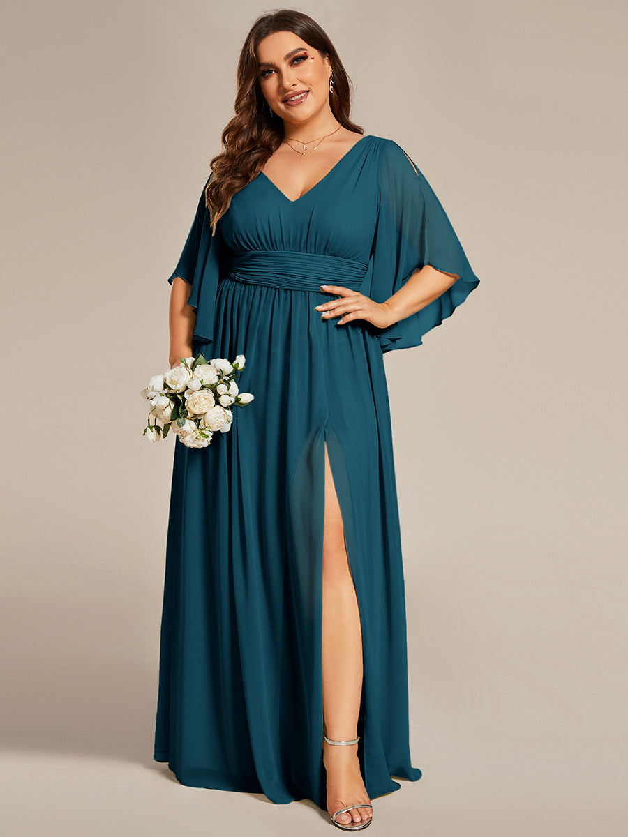 ever ELYAN|Half Sleeve V-Neck Pleated High Slit A-Line Chiffon Bridesmaid Dress