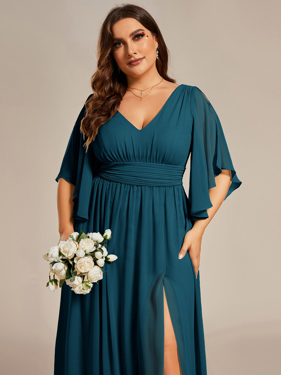 ever ELYAN|Half Sleeve V-Neck Pleated High Slit A-Line Chiffon Bridesmaid Dress