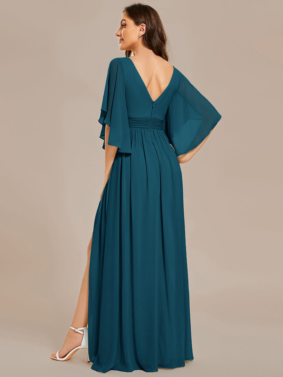 ever ELYAN|Half Sleeve V-Neck Pleated High Slit A-Line Chiffon Bridesmaid Dress
