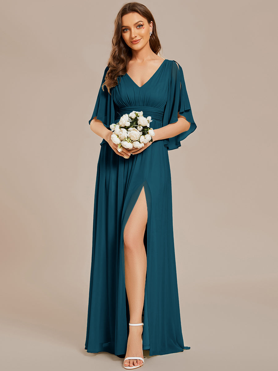 ever ELYAN|Half Sleeve V-Neck Pleated High Slit A-Line Chiffon Bridesmaid Dress