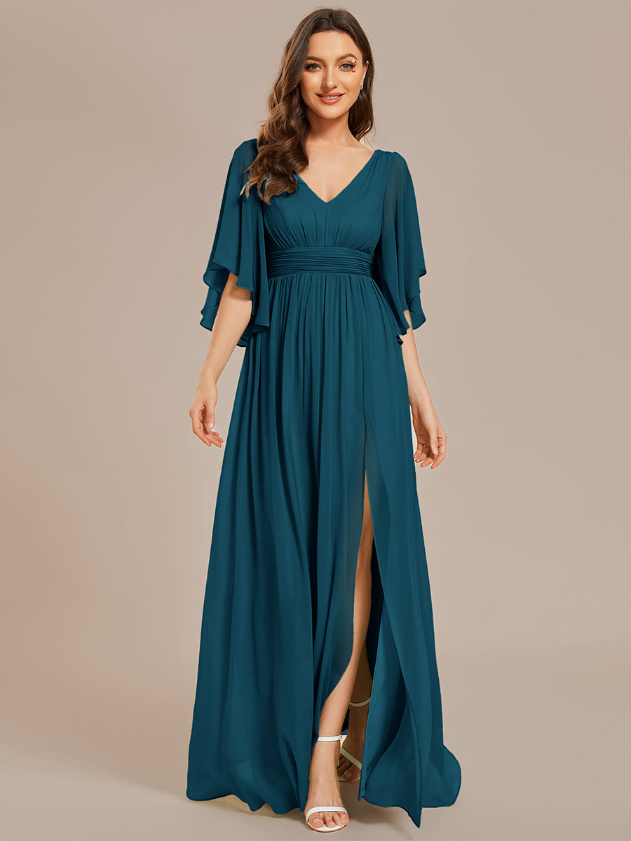 ever ELYAN|Half Sleeve V-Neck Pleated High Slit A-Line Chiffon Bridesmaid Dress