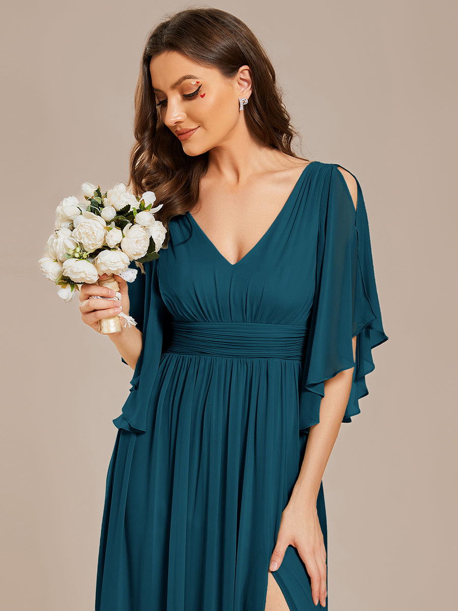 ever ELYAN|Half Sleeve V-Neck Pleated High Slit A-Line Chiffon Bridesmaid Dress