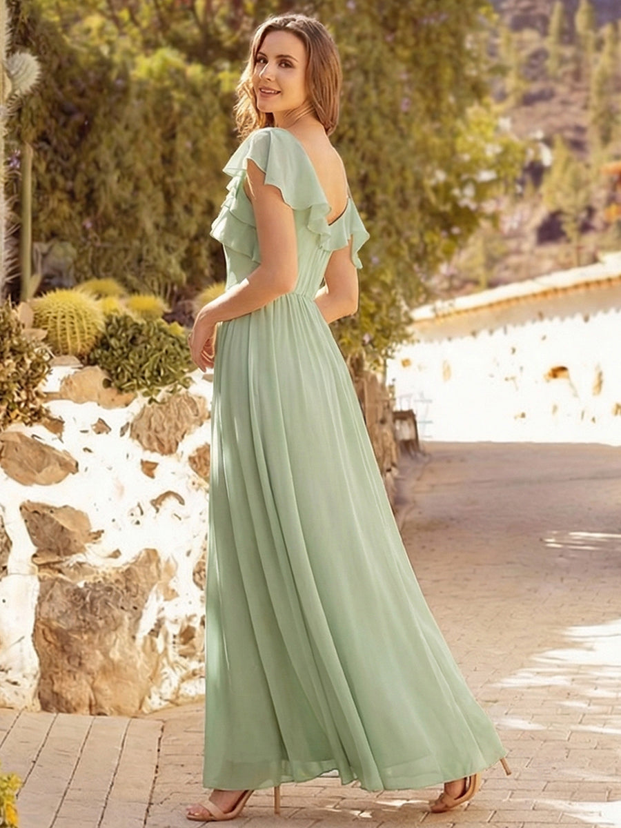 ever AIDA|Cold Shoulder Chiffon Ruffle Sleeve Bridesmaid Dress