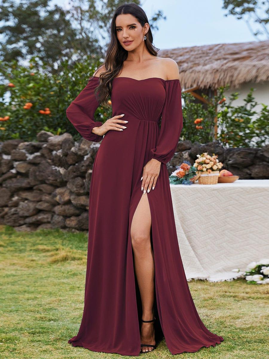 ever DANICA|High-Slit Waist Pleated Off Shoulder Chiffon Bridesmaid Dress with Long Sleeves