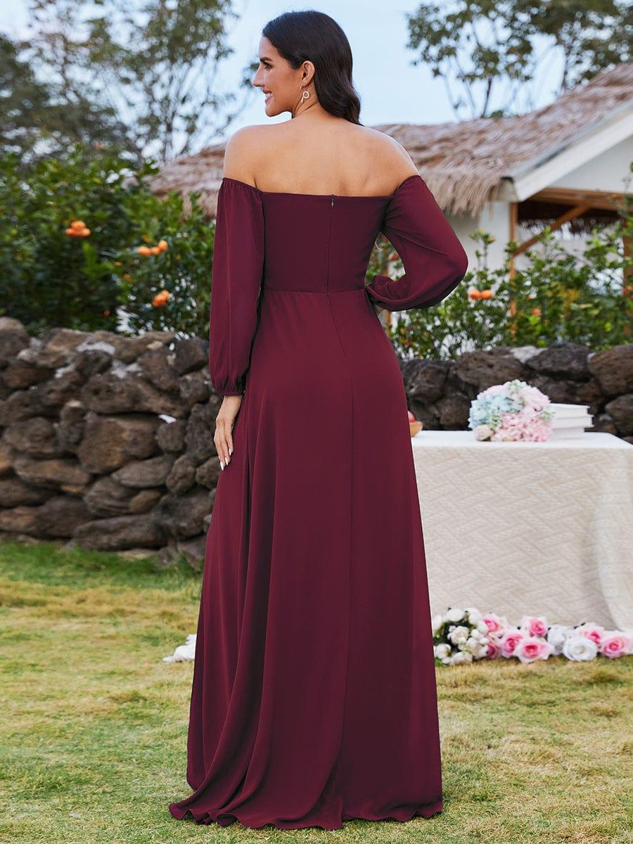 ever DANICA|High-Slit Waist Pleated Off Shoulder Chiffon Bridesmaid Dress with Long Sleeves