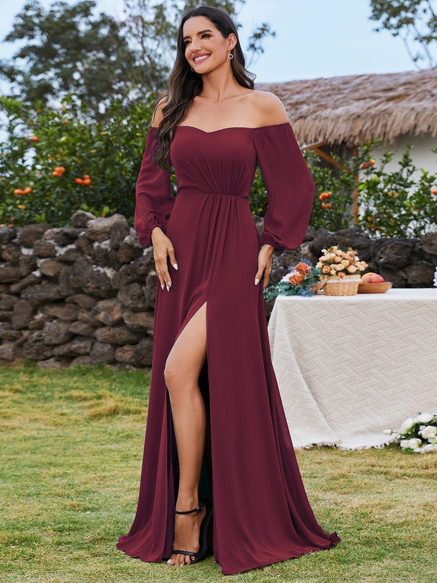 ever DANICA|High-Slit Waist Pleated Off Shoulder Chiffon Bridesmaid Dress with Long Sleeves