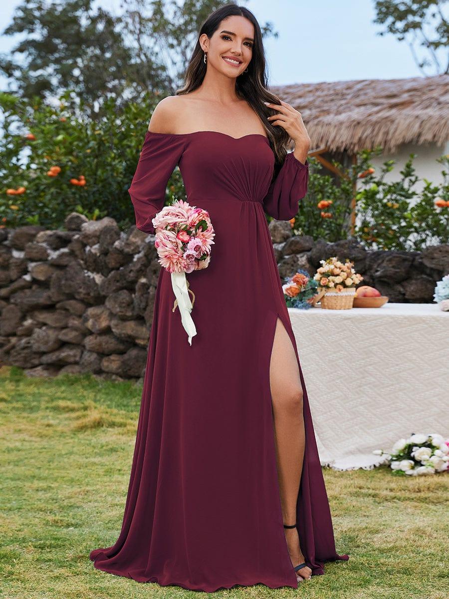 ever DANICA|High-Slit Waist Pleated Off Shoulder Chiffon Bridesmaid Dress with Long Sleeves