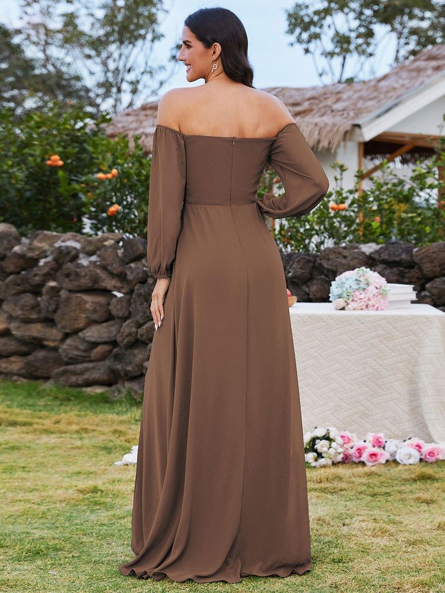ever DANICA|High-Slit Waist Pleated Off Shoulder Chiffon Bridesmaid Dress with Long Sleeves