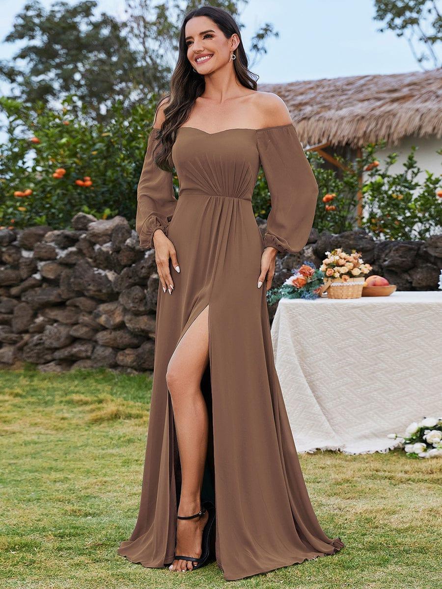 ever DANICA|High-Slit Waist Pleated Off Shoulder Chiffon Bridesmaid Dress with Long Sleeves