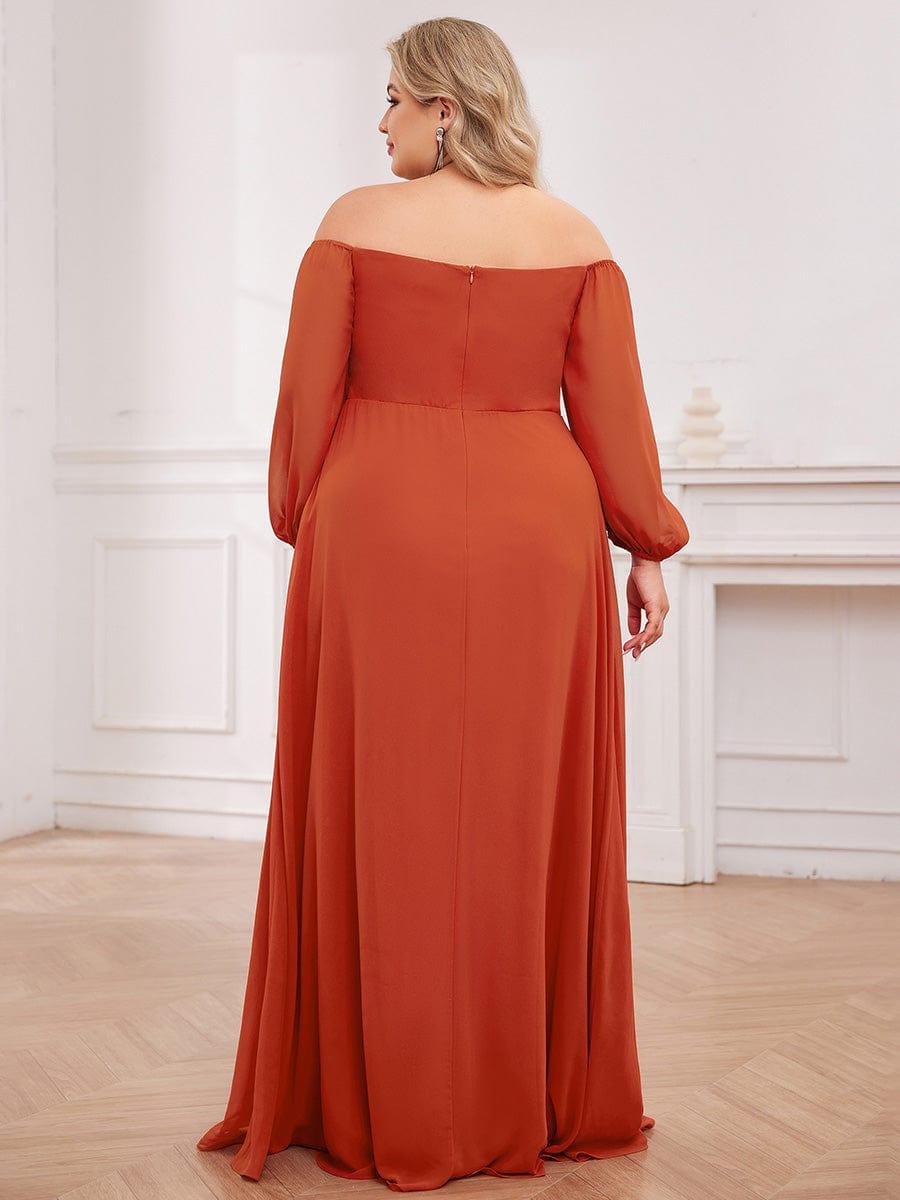 ever DANICA|High-Slit Waist Pleated Off Shoulder Chiffon Bridesmaid Dress with Long Sleeves