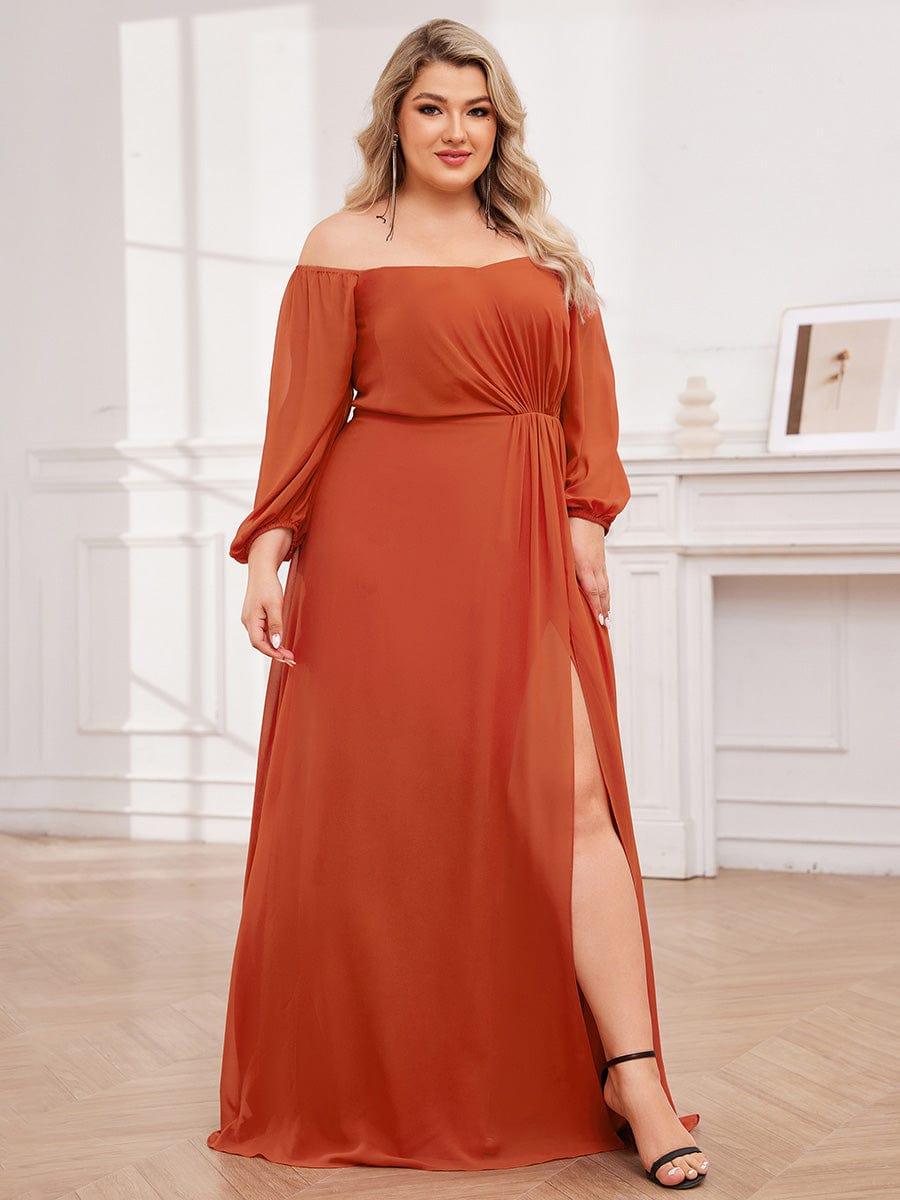 ever DANICA|High-Slit Waist Pleated Off Shoulder Chiffon Bridesmaid Dress with Long Sleeves