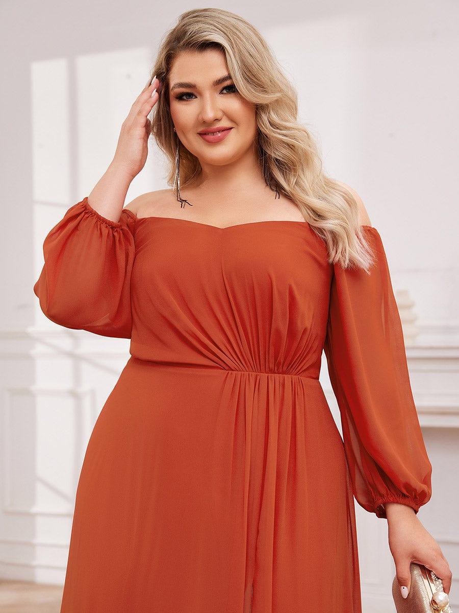 ever DANICA|High-Slit Waist Pleated Off Shoulder Chiffon Bridesmaid Dress with Long Sleeves