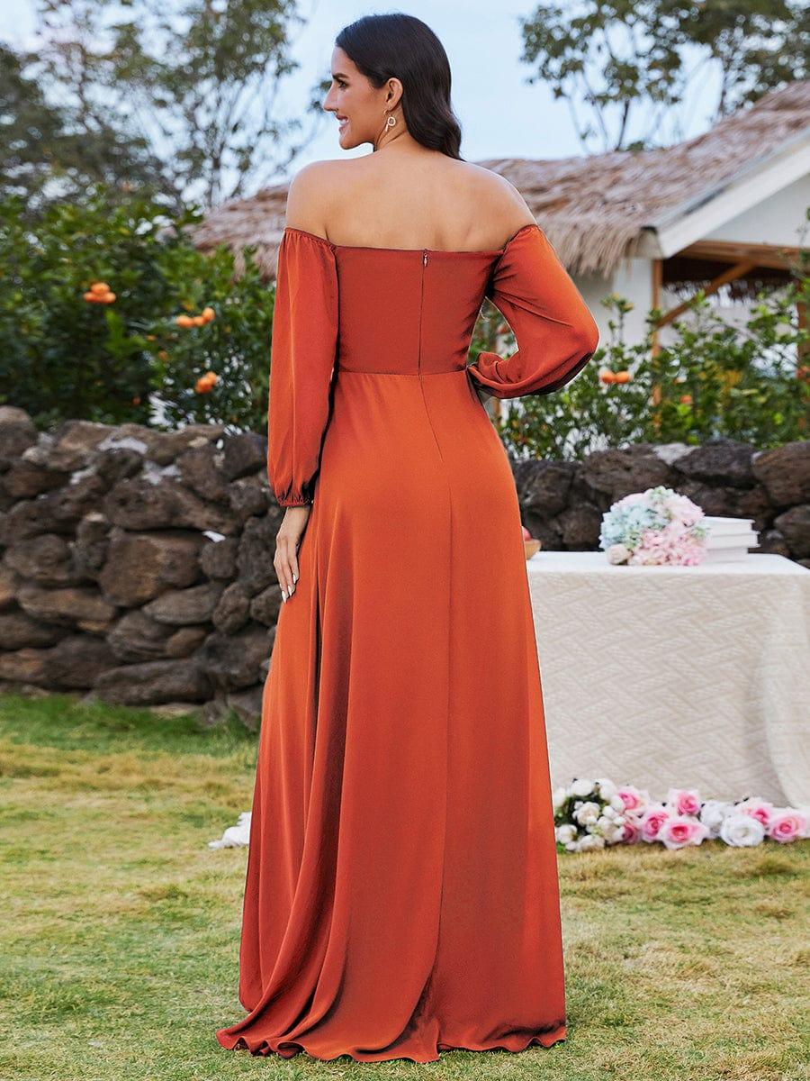 ever DANICA|High-Slit Waist Pleated Off Shoulder Chiffon Bridesmaid Dress with Long Sleeves