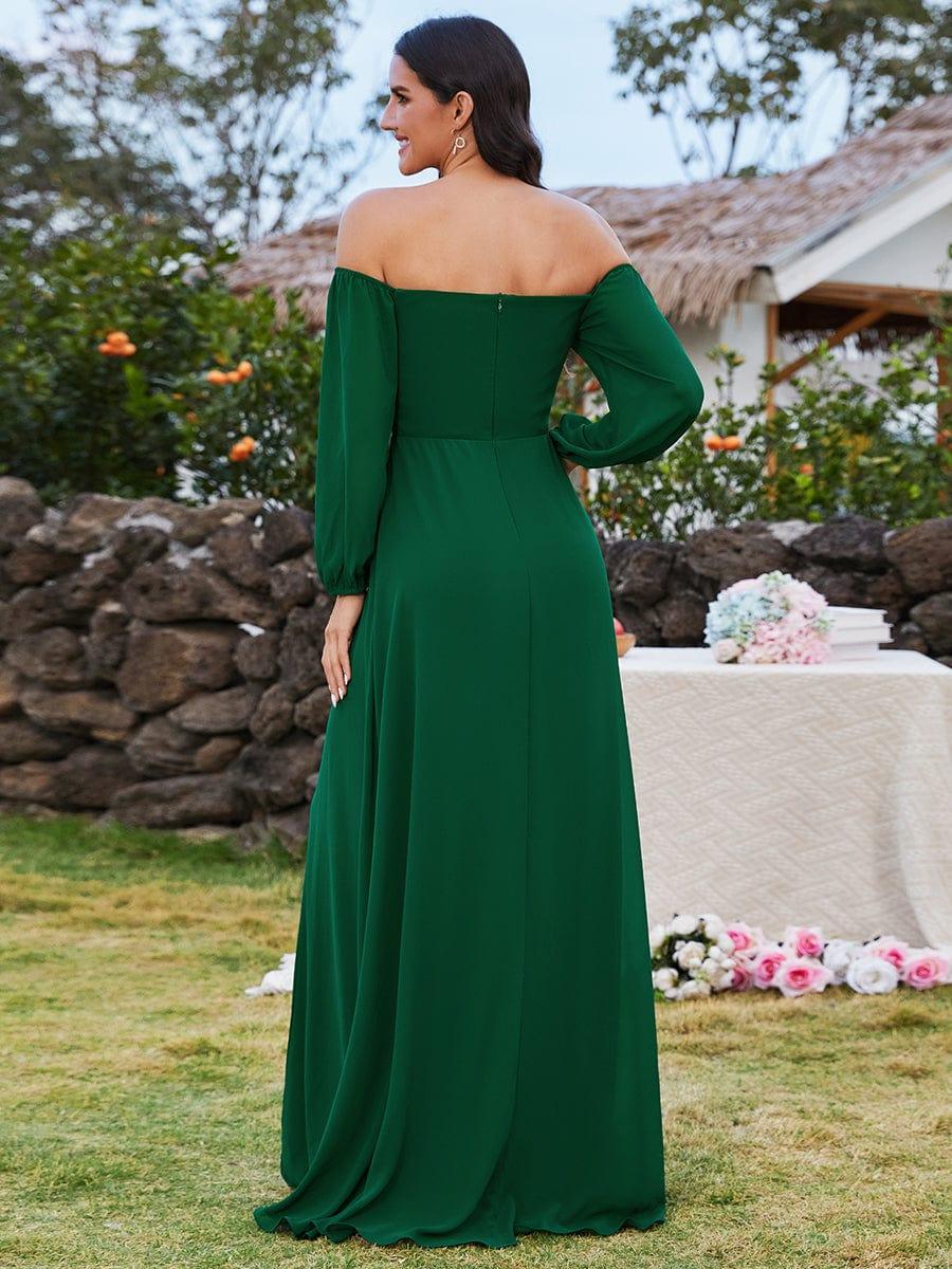 ever DANICA|High-Slit Waist Pleated Off Shoulder Chiffon Bridesmaid Dress with Long Sleeves