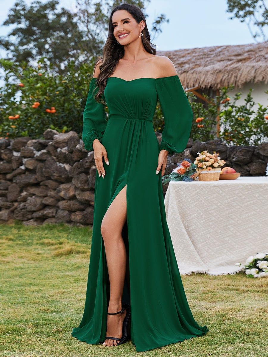 ever DANICA|High-Slit Waist Pleated Off Shoulder Chiffon Bridesmaid Dress with Long Sleeves