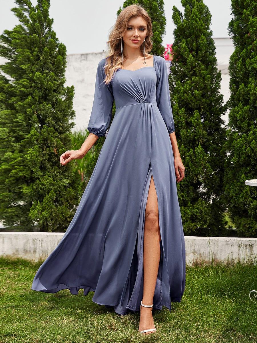 ever DANICA|High-Slit Waist Pleated Off Shoulder Chiffon Bridesmaid Dress with Long Sleeves
