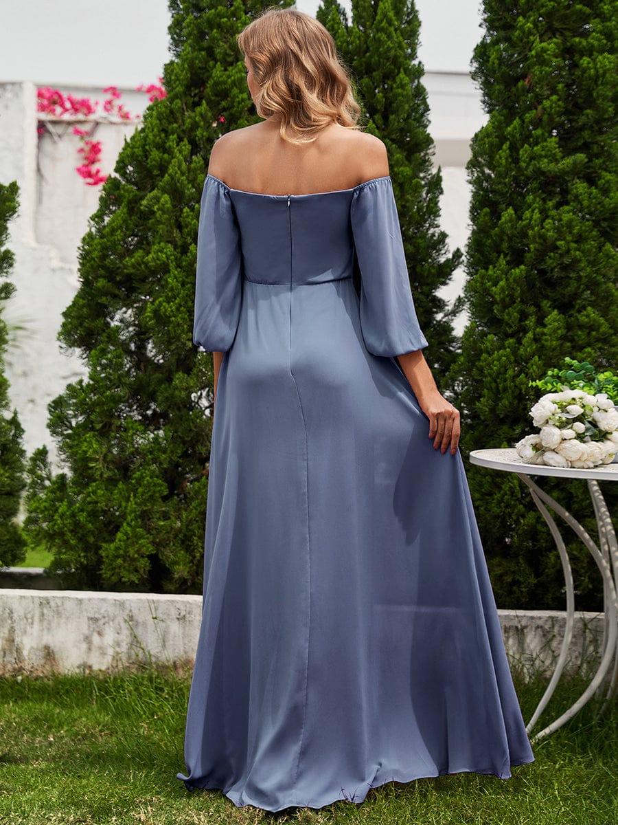 ever DANICA|High-Slit Waist Pleated Off Shoulder Chiffon Bridesmaid Dress with Long Sleeves