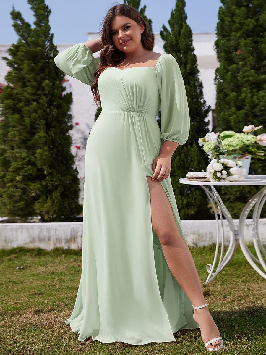 ever DANICA|High-Slit Waist Pleated Off Shoulder Chiffon Bridesmaid Dress with Long Sleeves