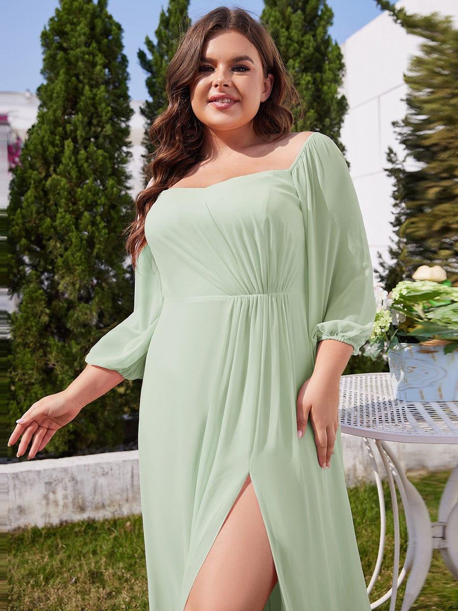ever DANICA|High-Slit Waist Pleated Off Shoulder Chiffon Bridesmaid Dress with Long Sleeves