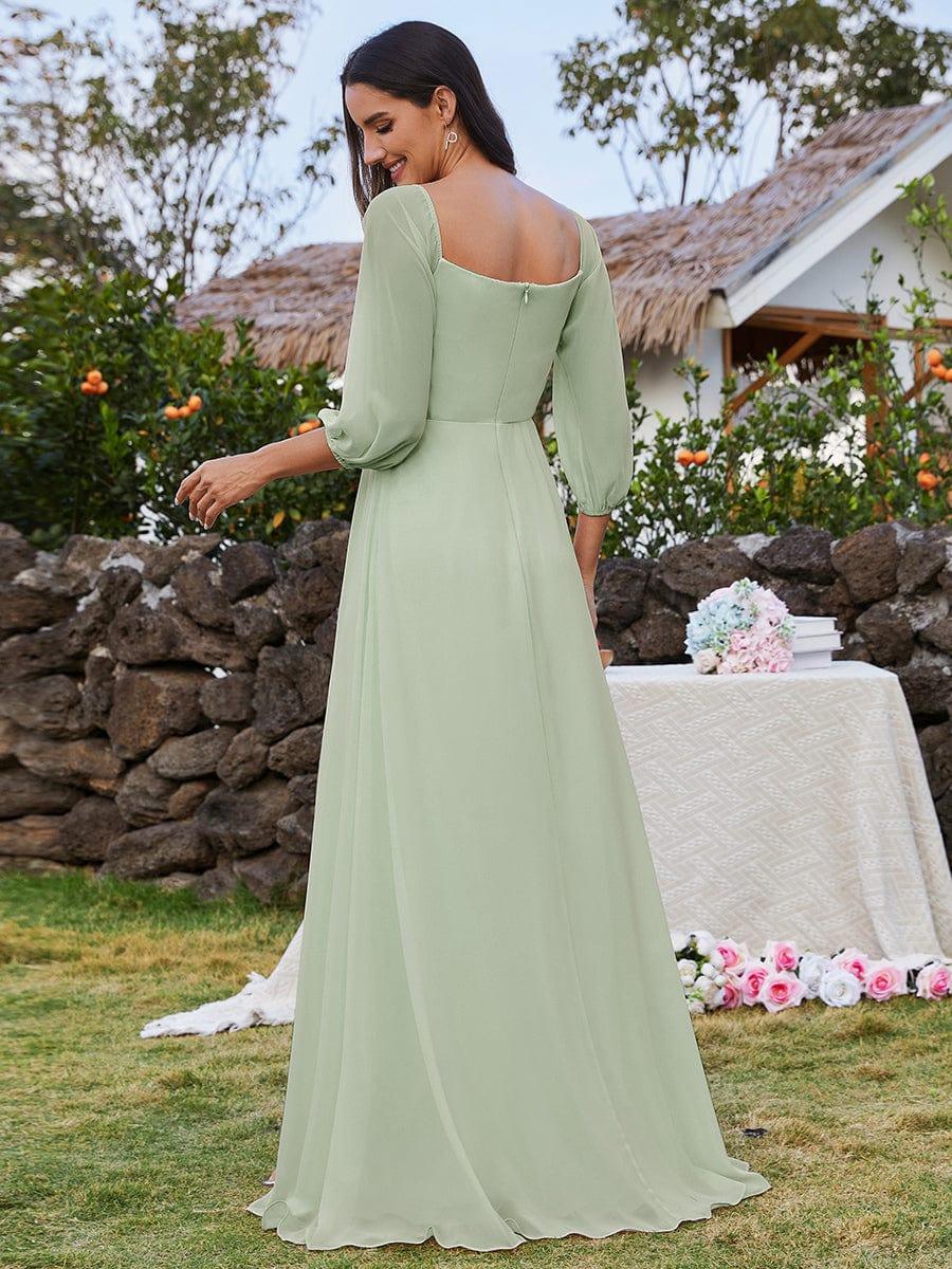 ever DANICA|High-Slit Waist Pleated Off Shoulder Chiffon Bridesmaid Dress with Long Sleeves
