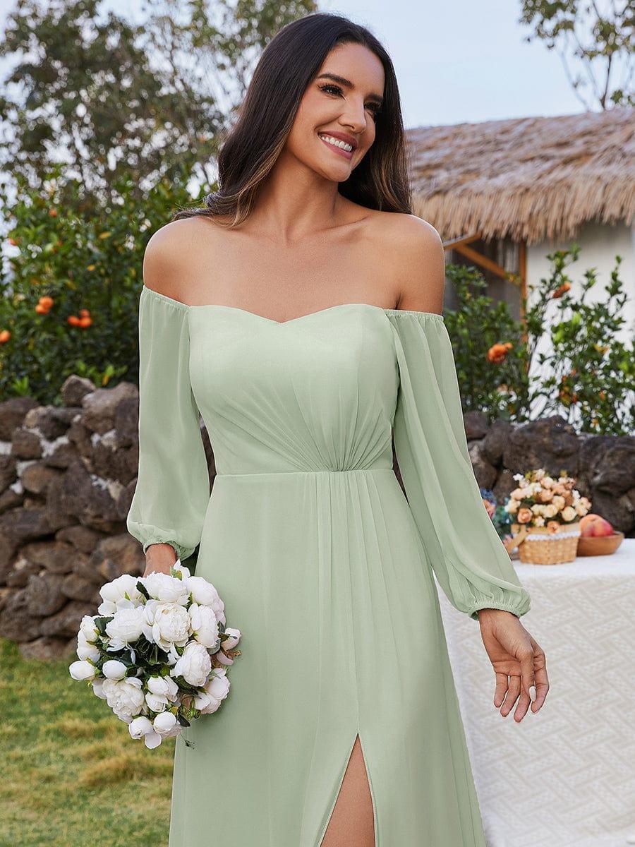 ever DANICA|High-Slit Waist Pleated Off Shoulder Chiffon Bridesmaid Dress with Long Sleeves