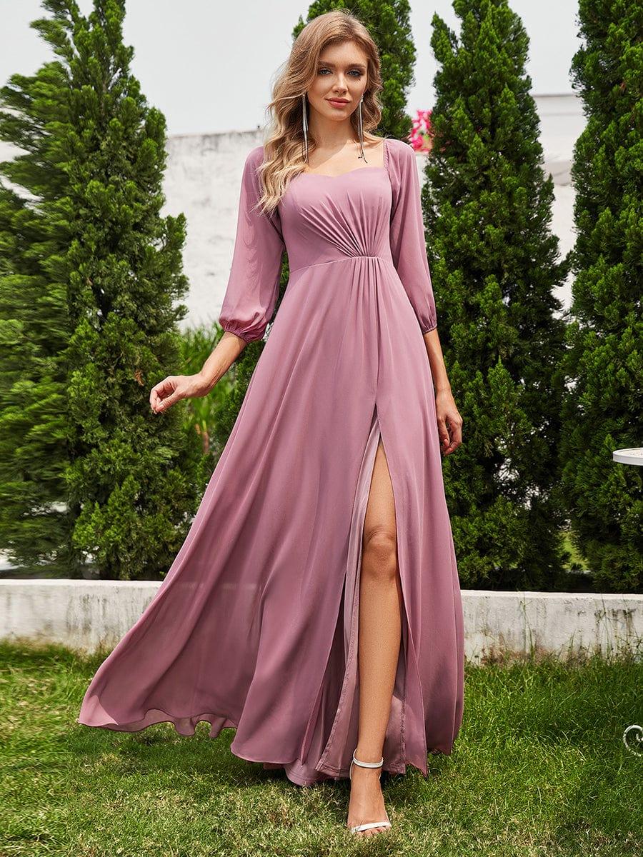ever DANICA|High-Slit Waist Pleated Off Shoulder Chiffon Bridesmaid Dress with Long Sleeves
