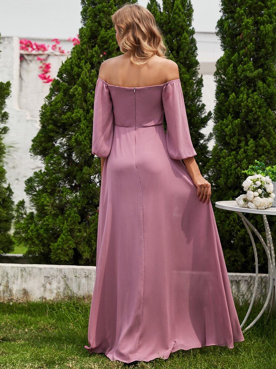 ever DANICA|High-Slit Waist Pleated Off Shoulder Chiffon Bridesmaid Dress with Long Sleeves