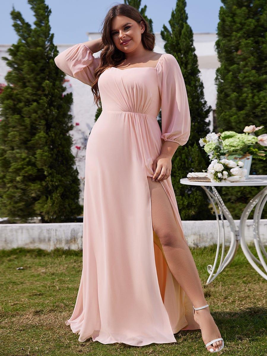 ever DANICA|High-Slit Waist Pleated Off Shoulder Chiffon Bridesmaid Dress with Long Sleeves